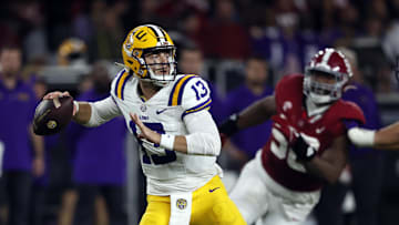 Nov 4, 2023; Tuscaloosa, Alabama, USA; LSU Tigers quarterback Garrett Nussmeier (13) throws  pass against the Alabama Crimson Tide during the second half at Bryant-Denny Stadium. Mandatory Credit: Butch Dill-Imagn Images
