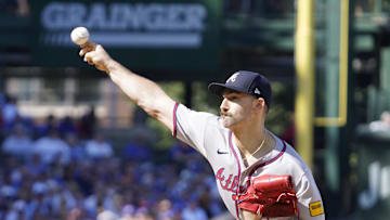 Sep 1, 2025; Chicago, Illinois, USA; Atlanta Braves pitcher Spencer Strider (99) throws the ball against the Chicago Cubs during the first inning at Wrigley Field. Mandatory Credit: David Banks-Imagn Images