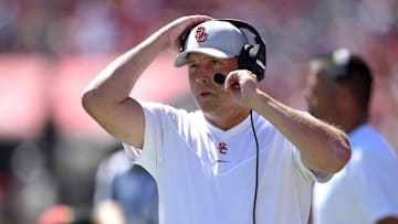 Sep 4, 2021; Los Angeles, California, USA;   USC Trojans head coach Clay Helton on the sidelines in the first half of the game against the San Jose State Spartans at United Airlines Field at Los Angeles Memorial Coliseum. 