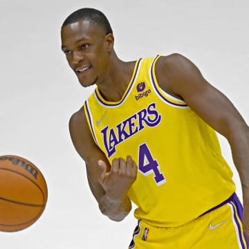 Sep 28, 2021; Los Angeles, CA, USA;  Los Angeles Lakers guard Rajon Rondo (4) is photographed during media day at the UCLA Health and Training Center in El Segundo, Calif.  Mandatory Credit: Jayne Kamin-Oncea-USA TODAY Sports