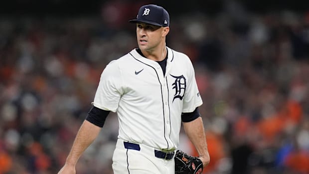 Jack Flaherty of Detroit Tigers walks off field