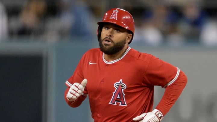 Apr 4, 2022; Los Angeles, California, USA; Los Angeles Angels third baseman Jose Rojas (18) rounds the bases after hitting a two run home run in the sixth inning against the Los Angeles Dodgers at Dodger Stadium. Mandatory Credit: Jayne Kamin-Oncea-USA TODAY Sports