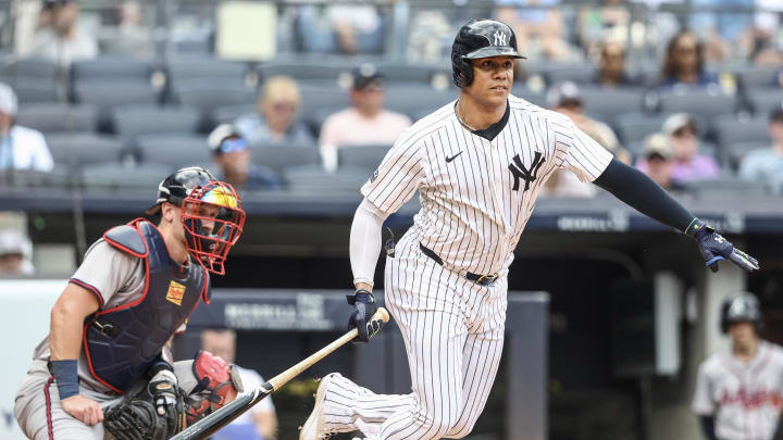 Jun 23, 2024; Bronx, New York, USA;  New York Yankees right fielder Juan Soto (22) at Yankee Stadium. Mandatory Credit: Wendell Cruz-USA TODAY Sports