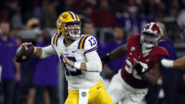 Nov 4, 2023; Tuscaloosa, Alabama, USA; LSU Tigers quarterback Garrett Nussmeier (13) throws  pass against the Alabama Crimson Tide during the second half at Bryant-Denny Stadium. Mandatory Credit: Butch Dill-USA TODAY Sports