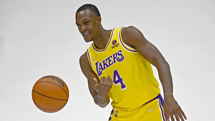 Sep 28, 2021; Los Angeles, CA, USA;  Los Angeles Lakers guard Rajon Rondo (4) is photographed during media day at the UCLA Health and Training Center in El Segundo, Calif.  Mandatory Credit: Jayne Kamin-Oncea-USA TODAY Sports