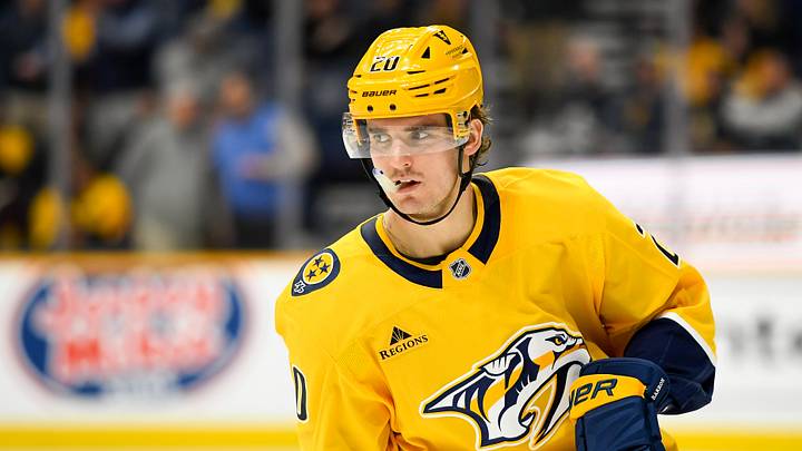 Apr 8, 2025; Nashville, Tennessee, USA; Nashville Predators defenseman Justin Barron (20) warms up before a game against the New York Islanders at Bridgestone Arena. Mandatory Credit: Steve Roberts-Imagn Images Apr 8, 2025; Nashville, Tennessee, USA; Nashville Predators defenseman Justin Barron (20) warms up before a game against the New York Islanders at Bridgestone Arena. Mandatory Credit: Steve Roberts-Imagn Images