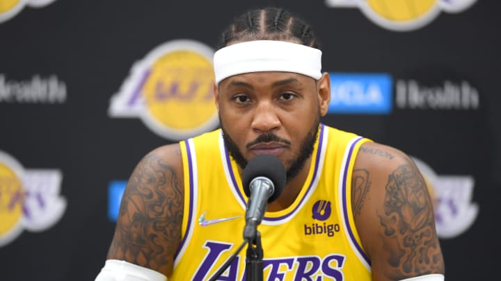 Sep 28, 2021; Los Angeles, CA, USA; Los Angeles Lakers forward Carmelo Anthony (7) answers questions during media day at the UCLA Health and Training Center in El Segundo, Calif.  Mandatory Credit: Jayne Kamin-Oncea-USA TODAY Sports