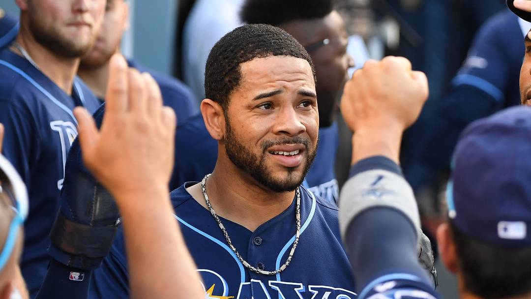 Sep 18, 2019; Los Angeles, CA, USA; Tampa Bay Rays center fielder Tommy Pham (29) is greeted in the dugout after scoring on a single by catcher Travis d'Arnaud (37) in the first inning against the Los Angeles Dodgers at Dodger Stadium. Mandatory Credit: Jayne Kamin-Oncea-Imagn Images