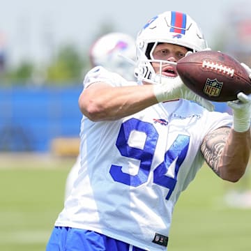 Jun 11, 2025; Orchard Park, NY, USA; Buffalo Bills edge rusher Landon Jackson (94) makes a catch during Minicamp at Highmark Stadium.