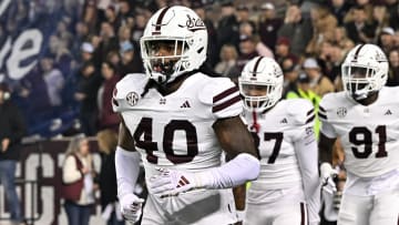 Nov 11, 2023; College Station, Texas, USA; Mississippi State Bulldogs linebacker Nic Mitchell (40) looks on during the first quarter against the Texas A&M Aggies at Kyle Field. Mandatory Credit: Maria Lysaker-USA TODAY Sports