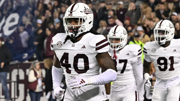 Nov 11, 2023; College Station, Texas, USA; Mississippi State Bulldogs linebacker Nic Mitchell (40) looks on during the first quarter against the Texas A&M Aggies at Kyle Field. Mandatory Credit: Maria Lysaker-USA TODAY Sports