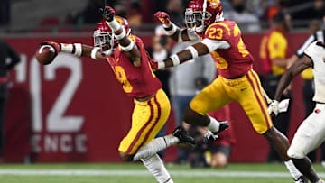 Sep 25, 2021; Los Angeles, California, USA; USC Trojans linebacker Raesjon Davis (9) celebrates after an interception in the second half of the game at United Airlines Field at Los Angeles Memorial Coliseum. Mandatory Credit: Jayne Kamin-Oncea-Imagn Images