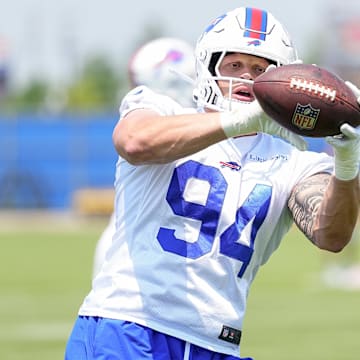Buffalo Bills edge rusher Landon Jackson makes a catch during Minicamp at Highmark Stadium.