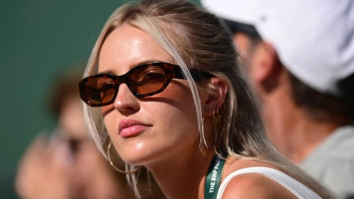 Morgan Riddle, girlfriend of Taylor Fritz (USA) watches his men’s final match against Rafael Nadal (ESP) at the BNP Paribas Open at the Indian Wells Tennis Garden.