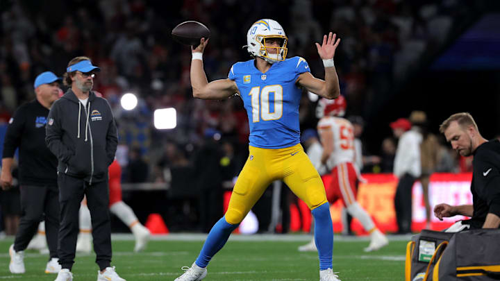 Chargers quarterback Justin Herbert (10) during the warm up before a NFL game against the Chiefs Chargers quarterback Justin Herbert (10) during the warm up before a NFL game against the Chiefs