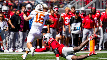 Ohio State Buckeyes defensive end Kenyatta Jackson Jr. (97) attempt to sack Texas Longhorns quarterback Arch Manning (16) in the second half at Ohio Stadium on Saturday, Aug. 30, 2025 in Columbus, Ohio.