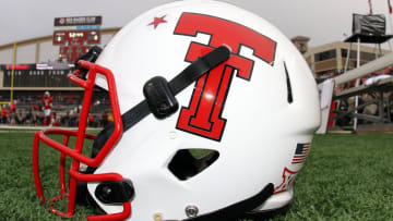 Sep 30, 2017; Lubbock, TX, USA; A Texas Tech Red Raiders helmet is seen on the field before a game against the Oklahoma State Cowboys at Jones AT&T Stadium. Mandatory Credit: Michael C. Johnson-USA TODAY Sports