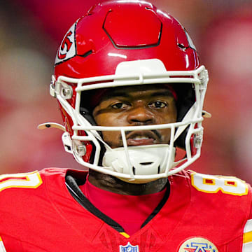 Oct 12, 2025; Kansas City, Missouri, USA; Kansas City Chiefs wide receiver Tyquan Thornton (80) warms up prior to a game against the Detroit Lions at GEHA Field at Arrowhead Stadium. Mandatory Credit: Jay Biggerstaff-Imagn Images
