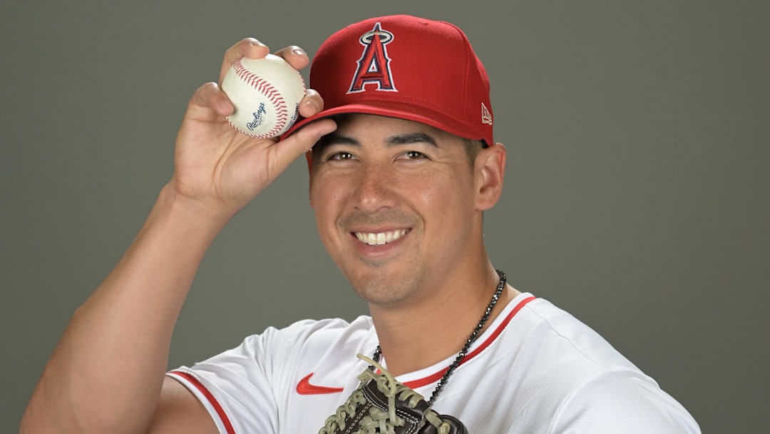 Feb 21, 2024; Tempe, AZ, USA; Los Angeles Angels relief pitcher Robert Stephenson (24) poses for a photo on media day in Tempe, AZ. Mandatory Credit: Jayne Kamin-Oncea-Imagn Images