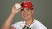 Feb 21, 2024; Tempe, AZ, USA; Los Angeles Angels relief pitcher Robert Stephenson (24) poses for a photo on media day in Tempe, AZ. Mandatory Credit: Jayne Kamin-Oncea-Imagn Images