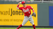 May 28, 2025; Kansas City, Missouri, USA; Cincinnati Reds second baseman Matt McLain (9) throws to first base against the Kansas City Royals at Kauffman Stadium. Mandatory Credit: Jay Biggerstaff-Imagn Images