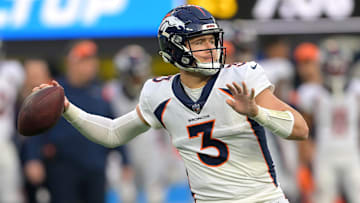 Jan 2, 2022; Inglewood, California, USA; Denver Broncos quarterback Drew Lock (3) sets to pass in the second half the game against the Los Angeles Chargers at SoFi Stadium. Mandatory Credit: Jayne Kamin-Oncea-Imagn Images