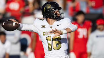 Oct 19, 2024; Tucson, Arizona, USA; Colorado Buffalos quarterback Ryan Staub (16) against the Arizona Wildcats at Arizona Stadium. Mandatory Credit: Mark J. Rebilas-Imagn Images