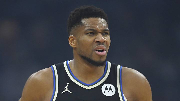 Milwaukee Bucks forward Giannis Antetokounmpo (34) reacts in the first quarter against the Cleveland Cavaliers at Rocket Arena on November 17, 2025.