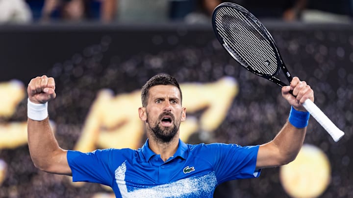 Novak Djokovic celebrates winning his third round match at the 2025 Australian Open.