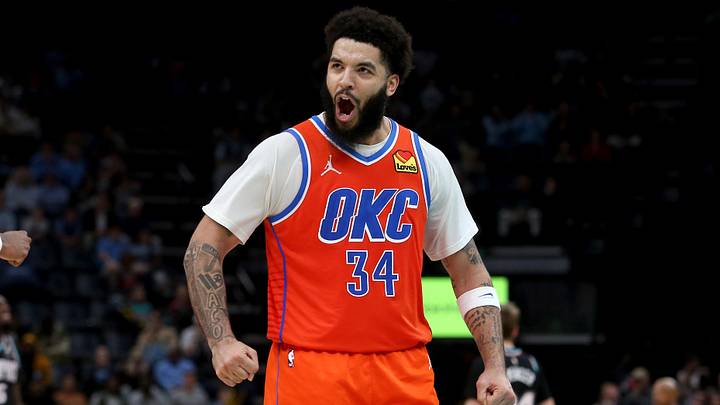 Jan 9, 2026; Memphis, Tennessee, USA; Oklahoma City Thunder guard Kenrich Williams (34) reacts during the fourth quarter against the Memphis Grizzlies at FedExForum. Mandatory Credit: Petre Thomas-Imagn Images