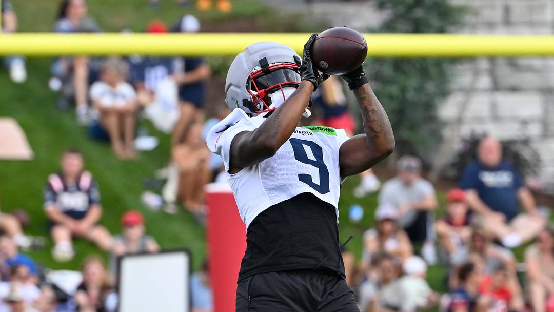 Jul 28, 2026; Foxborough, MA, USA; New England Patriots wide receiver Kayshon Boutte (9) makes a catch during training camp at Gillette Stadium. Mandatory Credit: Eric Canha-Imagn Images