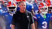 Sep 6, 2025; Gainesville, Florida, USA; Florida Gators head coach Billy Napier looks on before a game against the South Florida Bulls at Ben Hill Griffin Stadium. Mandatory Credit: Matt Pendleton-Imagn Images