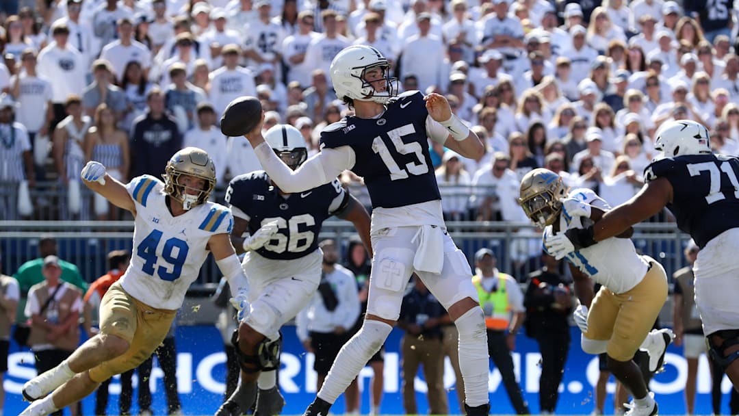 Penn State Nittany Lions quarterback Drew Allar (15) throws a pass during the fourth quarter against the UCLA Bruins. Mandatory Credit: Matthew O'Haren-Imagn Images