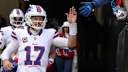 Nov 30, 2025; Pittsburgh, Pennsylvania, USA;  Buffalo Bills quarterback Josh Allen (17) takes the field against the Pittsburgh Steelers at Acrisure Stadium.