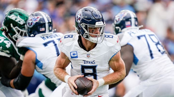 Tennessee Titans quarterback Will Levis (8) looks to hand off against the New York Jets during the third quarter at Nissan Stadium in Nashville, Tenn., Sunday, Sept. 15, 2024.