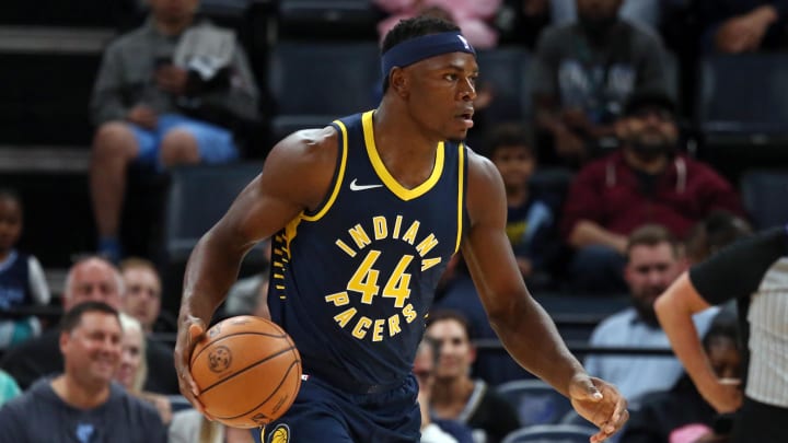 Oct 8, 2023; Memphis, Tennessee, USA; Indiana Pacers forward-center Oscar Tshiebwe (44) handles the ball during the second half against the Memphis Grizzlies at FedExForum. Mandatory Credit: Petre Thomas-USA TODAY Sports