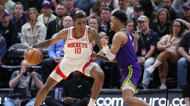 Apr 11, 2024; Salt Lake City, Utah, USA; Houston Rockets forward Jabari Smith Jr. (10) posts up against Utah Jazz guard Keyonte George (3) during the second quarter at Delta Center. Mandatory Credit: Rob Gray-USA TODAY Sports