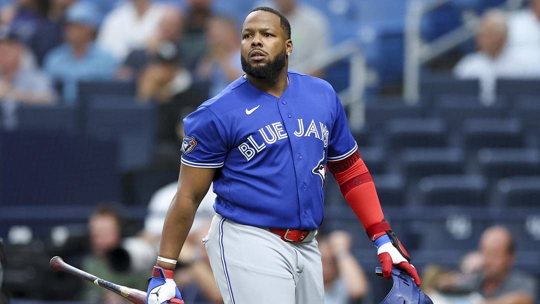 May 4, 2026; St. Petersburg, Florida, USA; Toronto Blue Jays first baseman Vladimir Guerrero Jr. (27) reacts after striking out against the Tampa Bay Rays in the first inning at Tropicana Field. Mandatory Credit: Nathan Ray Seebeck-Imagn Images
