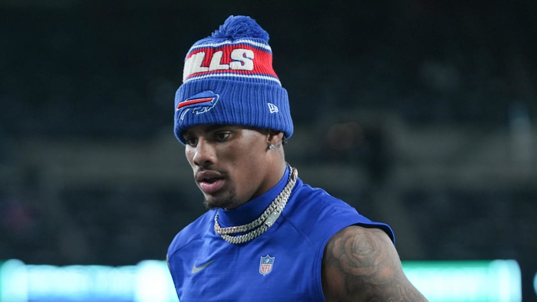 Oct 14, 2024; East Rutherford, New Jersey, USA; Buffalo Bills wide receiver Keon Coleman (0) warms up before the game against the New York Jets at MetLife Stadium. Mandatory Credit: Lucas Boland-Imagn Images