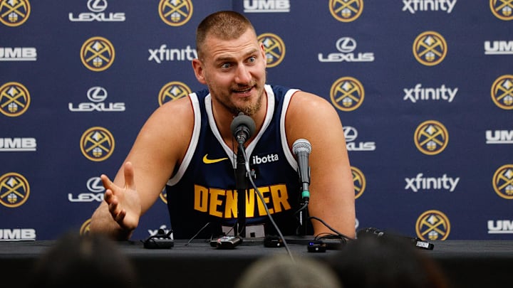 Sep 29, 2025; Denver, CO, USA; Denver Nuggets player Nikola Jokic (15) takes questions during media day at Ball Arena. Mandatory Credit: Isaiah J. Downing-Imagn Images Sep 29, 2025; Denver, CO, USA; Denver Nuggets player Nikola Jokic (15) takes questions during media day at Ball Arena. Mandatory Credit: Isaiah J. Downing-Imagn Images