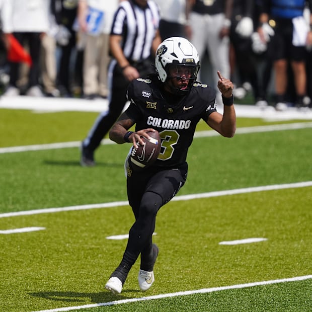 Sep 6, 2025; Boulder, Colorado, USA; Colorado Buffaloes quarterback Kaidon Salter (3) scrambles for a touchdown in the first 