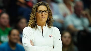 Jun 10, 2024; Uncasville, Connecticut, USA; Connecticut Sun head coach Stephanie White watches from the sideline as they take on the Indiana Fever at Mohegan Sun Arena. Mandatory Credit: David Butler II-Imagn Images
