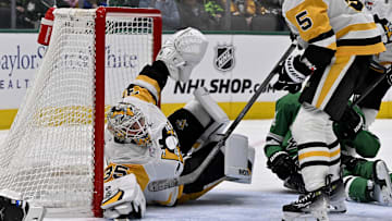 Apr 5, 2025; Dallas, Texas, USA; Pittsburgh Penguins goaltender Tristan Jarry (35) faces the Dallas Stars attack during the second period at the American Airlines Center. Mandatory Credit: Jerome Miron-Imagn Images