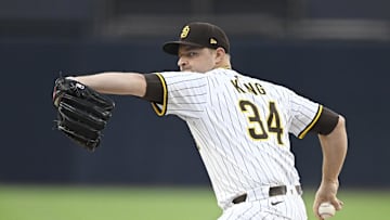 Sep 27, 2025; San Diego, California, USA; San Diego Padres starting pitcher Michael King (34) delivers during the first inning against the Arizona Diamondbacks at Petco Park. Mandatory Credit: Denis Poroy-Imagn Images