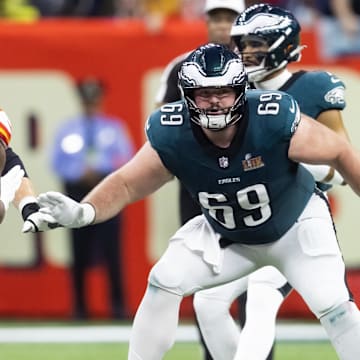 Feb 9, 2025; New Orleans, LA, USA; Philadelphia Eagles  guard Landon Dickerson (69) against the Kansas City Chiefs during Super Bowl LIX at Ceasars Superdome. Mandatory Credit: Mark J. Rebilas-Imagn Images