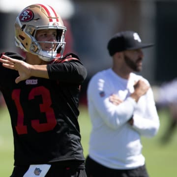 Jul 26, 2024; Santa Clara, CA, USA; San Francisco 49ers quarterback Brock Purdy (13) throws a pass during Day 4 of training camp at SAP Performance Facility. Mandatory Credit: D. Ross Cameron-USA TODAY Sports