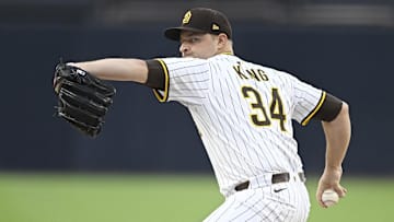 Sep 27, 2025; San Diego, California, USA; San Diego Padres starting pitcher Michael King (34) delivers during the first inning against the Arizona Diamondbacks at Petco Park. Mandatory Credit: Denis Poroy-Imagn Images