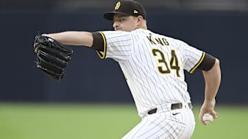 Sep 27, 2025; San Diego, California, USA; San Diego Padres starting pitcher Michael King (34) delivers during the first inning against the Arizona Diamondbacks at Petco Park. Mandatory Credit: Denis Poroy-Imagn Images