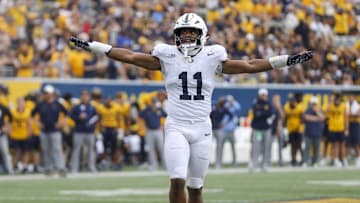 Aug 31, 2024; Morgantown, West Virginia, USA; Penn State Nittany Lions defensive end Abdul Carter (11) celebrates after a defensive stop during the fourth quarter against the West Virginia Mountaineers at Mountaineer Field at Milan Puskar Stadium. Mandatory Credit: Ben Queen-Imagn Images
