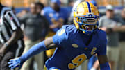 Oct 4, 2025; Pittsburgh, Pennsylvania, USA;  Pittsburgh Panthers linebacker Kyle Louis (9) in pursuit against the Boston College Eagles during the second quarter at Acrisure Stadium. Mandatory Credit: Charles LeClaire-Imagn Images